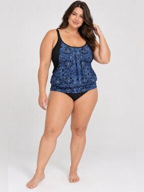 Penningtons Blue Black Fooler Tankini Swimsuit Top Swim size 2X Cover-Up Resort